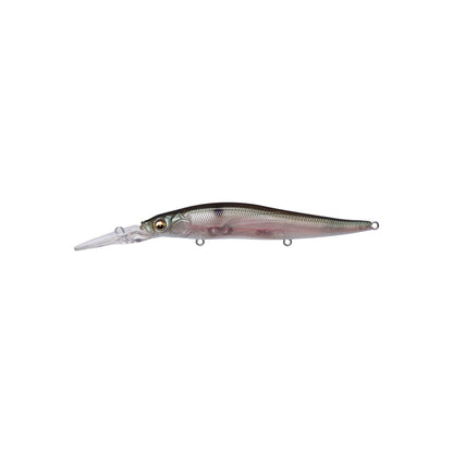 The Megabass Vision 110+2 Jerkbait by Megabass features a silver-gray, fish-shaped body, lifelike painted eyes, and a clear bill—ideal for bass fishing—displayed on a white background.