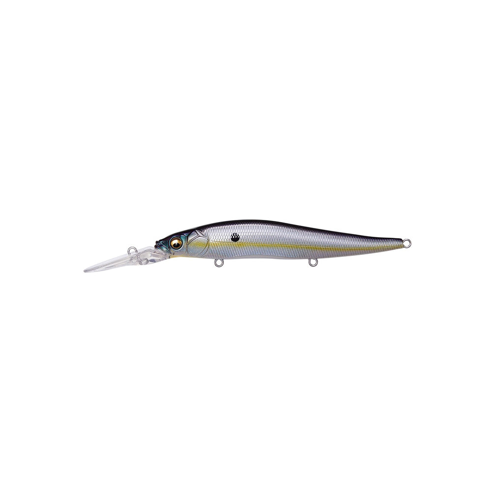 The Megabass Vision 110+2 Jerkbait by Megabass is a realistic, fish-shaped lure with a metallic silver body, yellow stripe, blue accents, detailed eyes, and a clear elongated lip—perfect for bass fishing and deep dives.