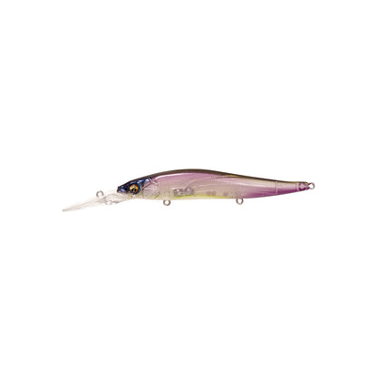 The Megabass Vision 110+2 Jerkbait by Megabass is a plastic fishing lure with a long, clear bill and a gradient purple, yellow, and blue color scheme—ideal for bass fishing. Shown isolated on a white background.