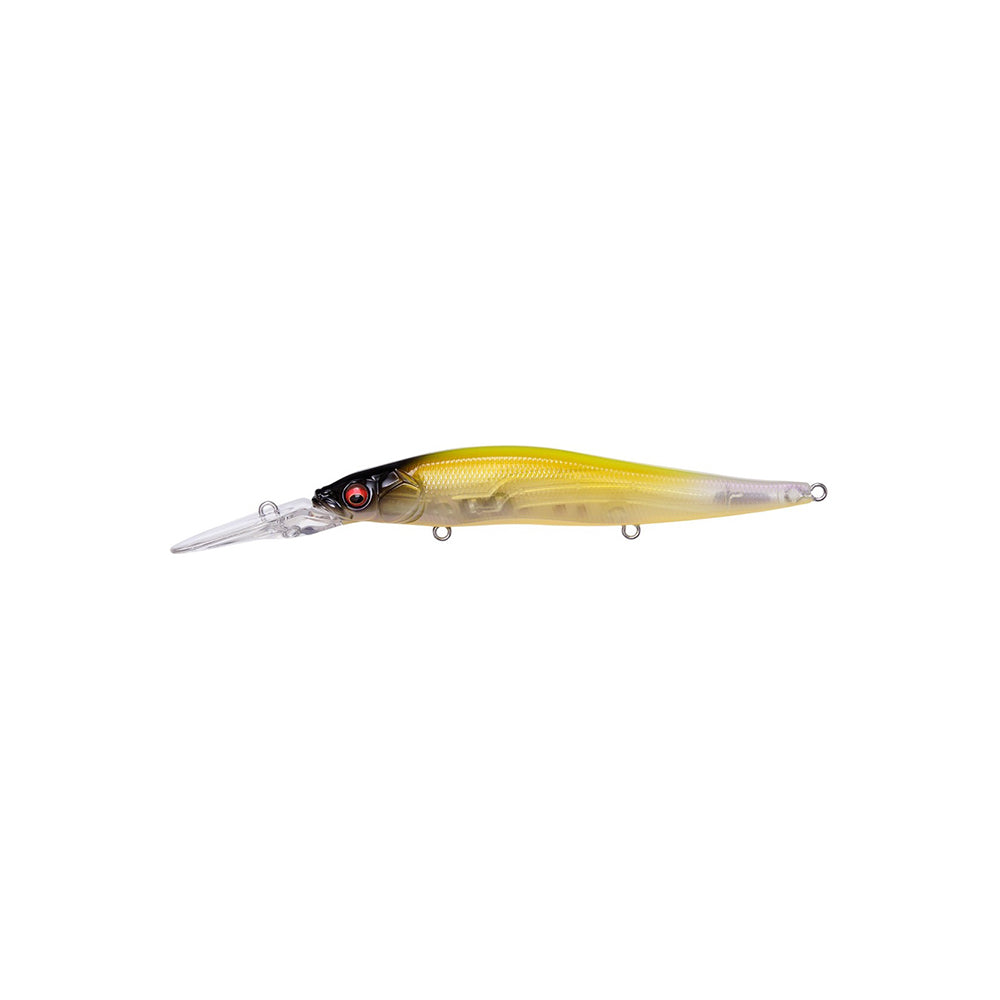 The Megabass Vision 110+2 Jerkbait, by Megabass, features yellow and silver colors, a black head, red eye detail, and a long transparent diving lip—ideal for suspended bass—shown on a white background.