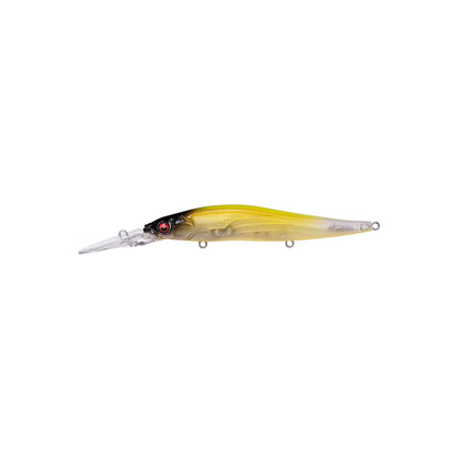 The Megabass Vision 110+2 Jerkbait, by Megabass, features yellow and silver colors, a black head, red eye detail, and a long transparent diving lip—ideal for suspended bass—shown on a white background.