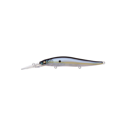 The Megabass Vision 110+2 Jerkbait features a silver and blue finish, long transparent bill, lifelike fish details, and three attachment rings—making it an ideal choice for bass fishing.