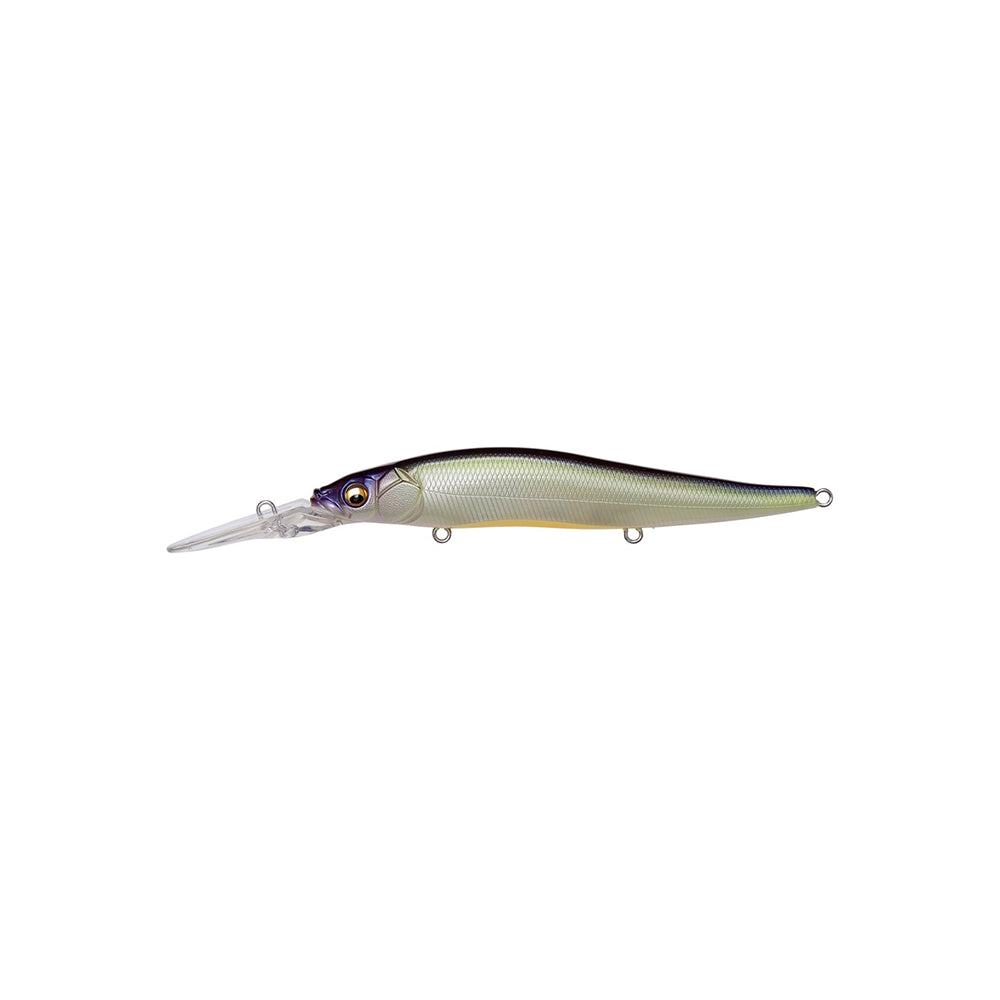 The Megabass Vision 110+2 Jerkbait by Megabass is a realistic lure for bass fishing, featuring a fish-shaped body in metallic green and silver, lifelike eyes, a long clear lip, and multiple attachment points. Shown on a white background.