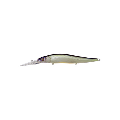 The Megabass Vision 110+2 Jerkbait by Megabass is a realistic lure for bass fishing, featuring a fish-shaped body in metallic green and silver, lifelike eyes, a long clear lip, and multiple attachment points. Shown on a white background.