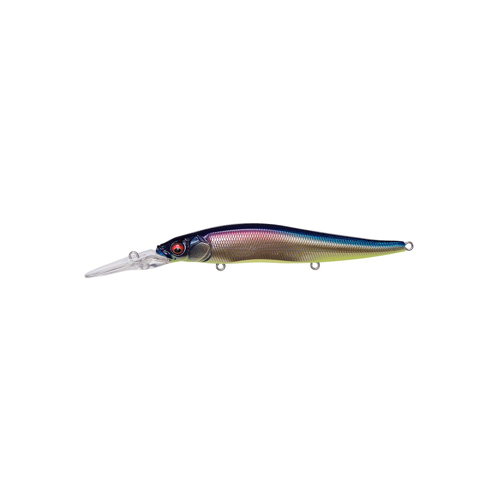 The Megabass Vision 110+2 Jerkbait by Megabass features a long, clear diving lip and a vibrant metallic blue, purple, and yellow body with three attachment loops—ideal for bass fishing. Shown isolated on a white background.
