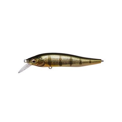 Introducing the Megabass X-Nanahan Jerkbait, a gold and green lure featuring detailed scaling, eye patterns, and attachment rings. With its streamlined body and clear plastic lip, it mimics small fish—ideal for anglers inspired by Shinji Sato.