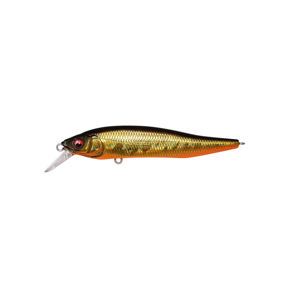 The Megabass X-Nanahan Jerkbait, in golden and orange, boasts a shiny fish-like design and clear plastic lip for diving, set against a white background.