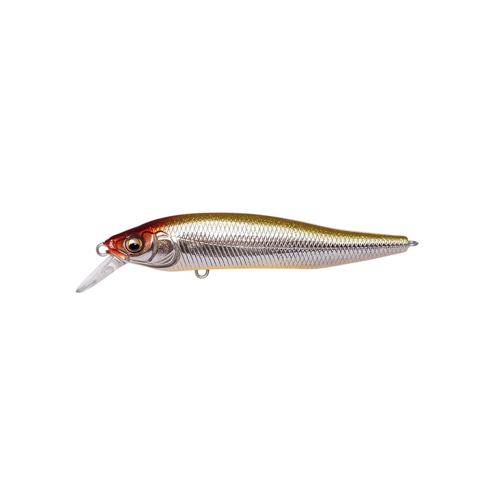The Megabass X-Nanahan Jerkbait, designed to mimic a small fish, has a shiny metallic body with gold and silver scales. It features a red head, large eye detail, and a clear plastic lip for realistic movement in water, making it ideal for attracting your next big catch.