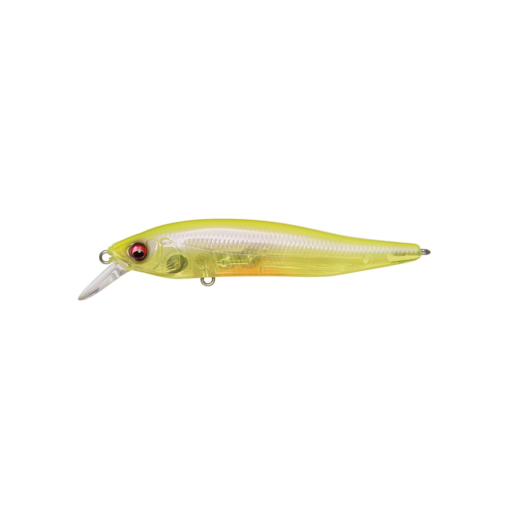 The Megabass X-Nanahan Jerkbait, inspired by Shinji Sato's precision, features a yellow translucent body with a sleek fish-like shape, red eye, and diving lip. It has metal loops on the belly and tail for easy line attachment.