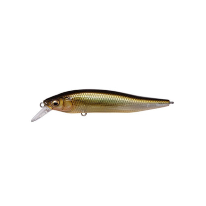 Introducing the Megabass X-Nanahan Jerkbait: a lifelike plastic lure that imitates a small fish, with a shiny gold-brown body and metallic scales. This minnow features a clear plastic lip for diving and is equipped with two sturdy metal hooks for enhanced catches.