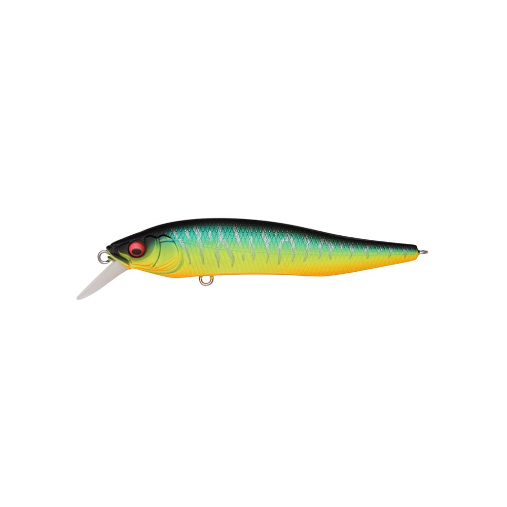 The Megabass X-Nanahan Jerkbait by Megabass boasts a green and black top, yellow underside, and striking red eye. Its plastic lip allows for precise diving, and its sleek design mimics the popular jerkbait minnow.