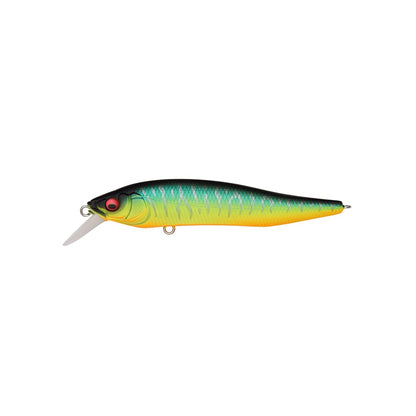 The Megabass X-Nanahan Jerkbait by Megabass boasts a green and black top, yellow underside, and striking red eye. Its plastic lip allows for precise diving, and its sleek design mimics the popular jerkbait minnow.