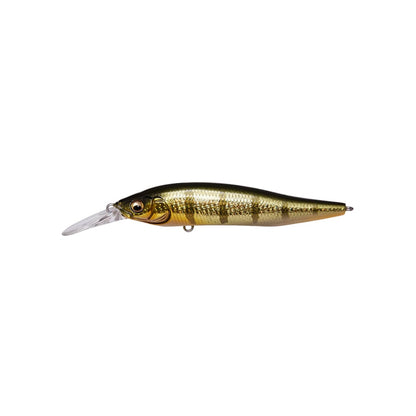 The Megabass X-Nanahan+1 Jerkbait by Megabass features shiny gold and brown stripes, a realistic fish design, a clear plastic lip, and is optimized for long-distance casting, shown side view on a white background.