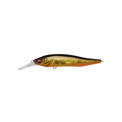 The Megabass X-Nanahan+1 Jerkbait by Megabass features a gold and brown scaled body, red eyes, and a clear plastic lip for diving, designed for long-distance castability.