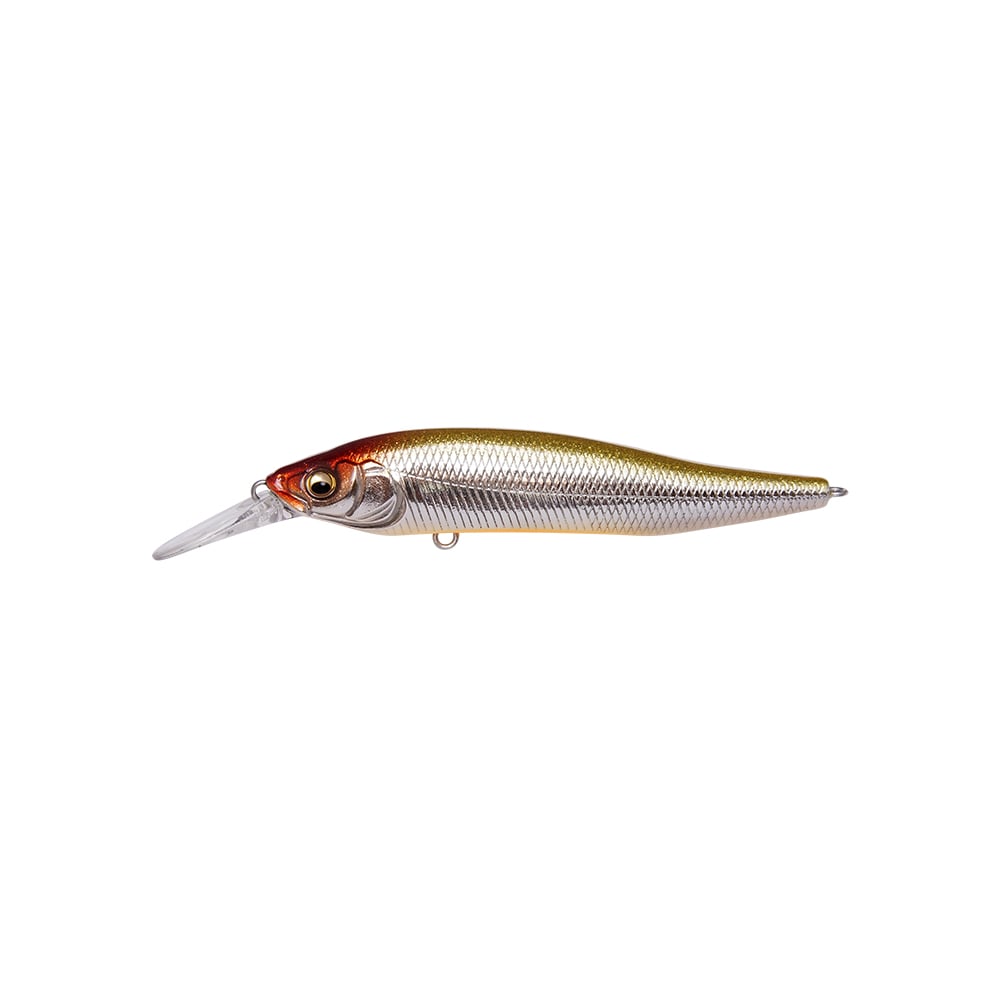 The Megabass X-Nanahan+1 Jerkbait by Megabass is a finesse lure shaped like a small fish, featuring a silver and gold body, red head accent, black eye, and a transparent lip for diving and long-distance casts.
