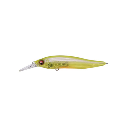 The Megabass X-Nanahan+1 Jerkbait by Megabass features a yellow-green, fish-like body, red eyes, and a clear pointed bill for long-distance casts, shown against a white background.