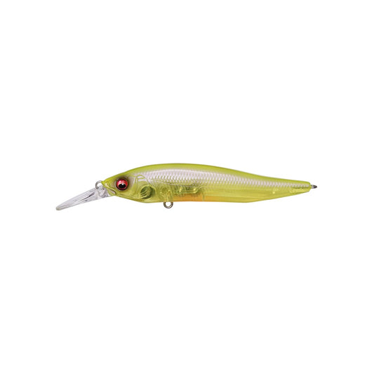 The Megabass X-Nanahan+1 Jerkbait by Megabass features a yellow-green, fish-like body, red eyes, and a clear pointed bill for long-distance casts, shown against a white background.