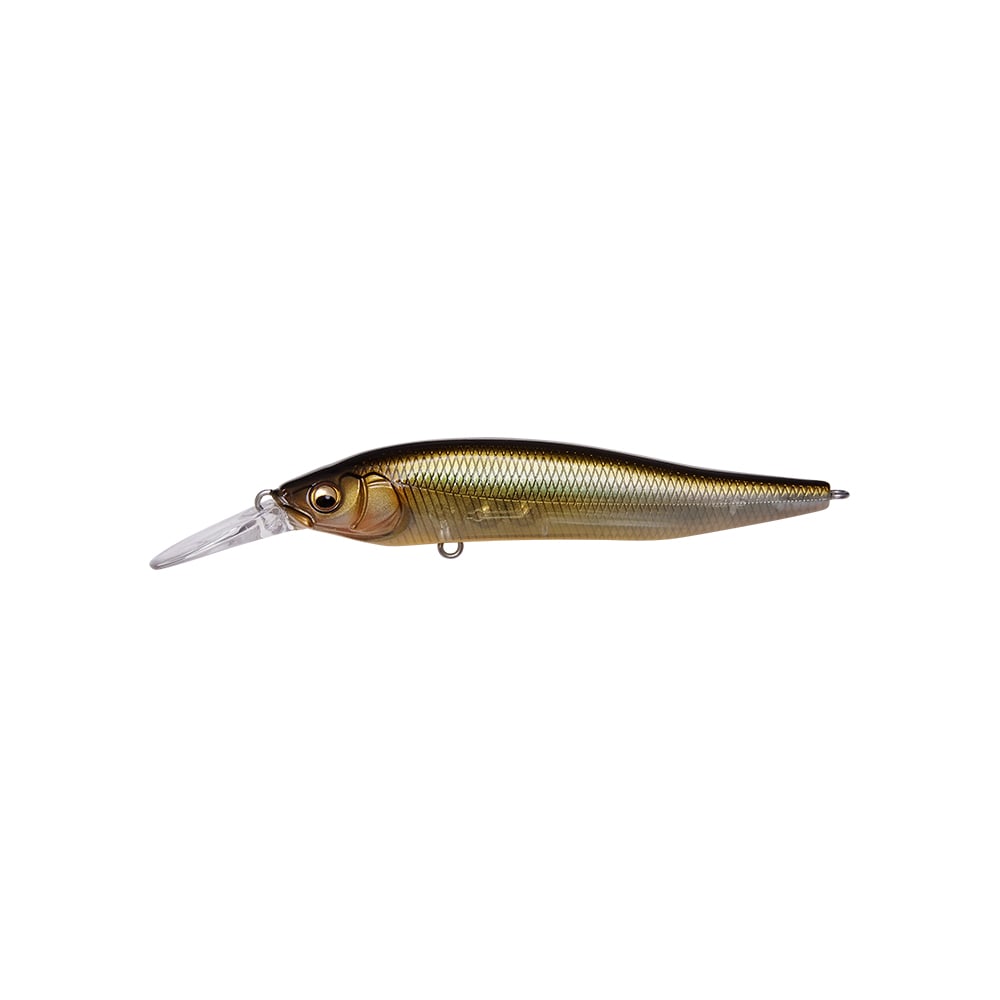 The Megabass X-Nanahan+1 Jerkbait by Megabass is a realistic brown-and-gold finesse lure with a clear plastic lip and metallic scales, resembling a small fish and shown against a white background.