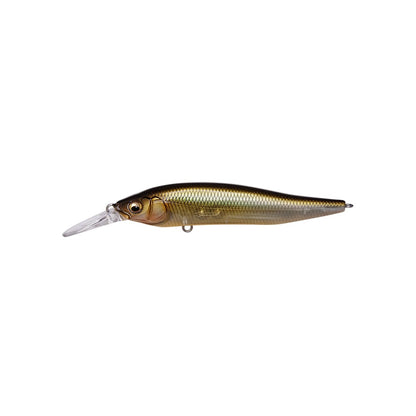 The Megabass X-Nanahan+1 Jerkbait by Megabass is a realistic brown-and-gold finesse lure with a clear plastic lip and metallic scales, resembling a small fish and shown against a white background.