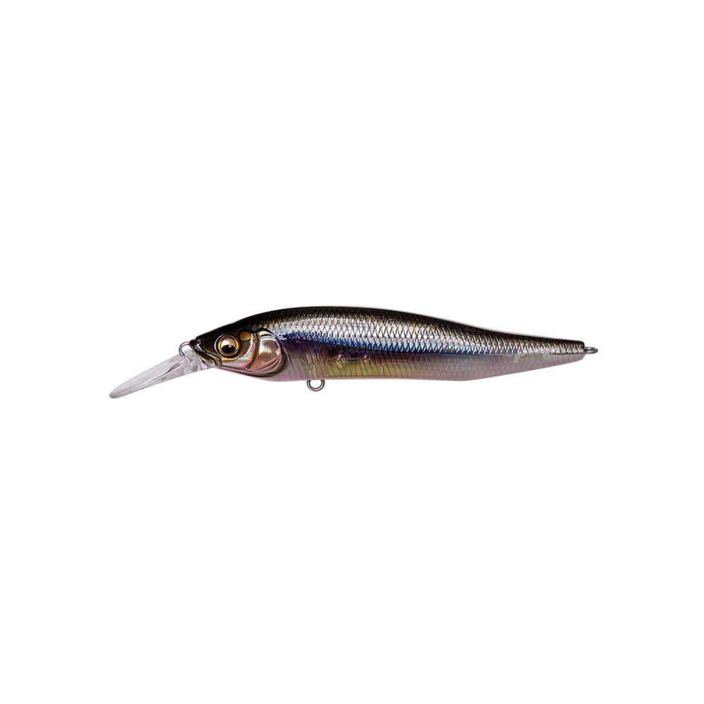 The Megabass X-Nanahan+1 Jerkbait by Megabass is a realistic finesse jerkbait with a shiny, scaled body, silver and dark back, yellow eye, and clear plastic lip for diving and long-distance casts.