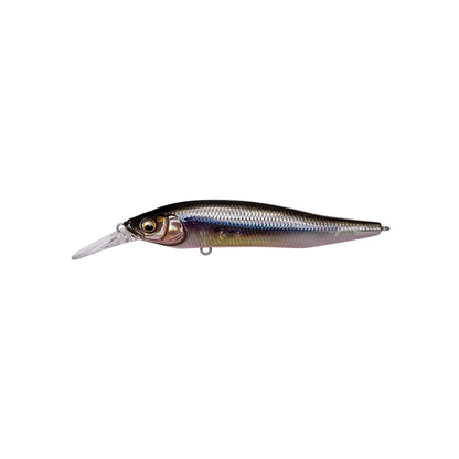 The Megabass X-Nanahan+1 Jerkbait by Megabass is a realistic finesse jerkbait with a shiny, scaled body, silver and dark back, yellow eye, and clear plastic lip for diving and long-distance casts.