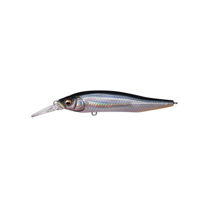 The Megabass X-Nanahan+1 Jerkbait by Megabass features a silver scale pattern, black back, and long transparent lip for finesse jerkbait action and long-distance casting, shown side view on a white background.
