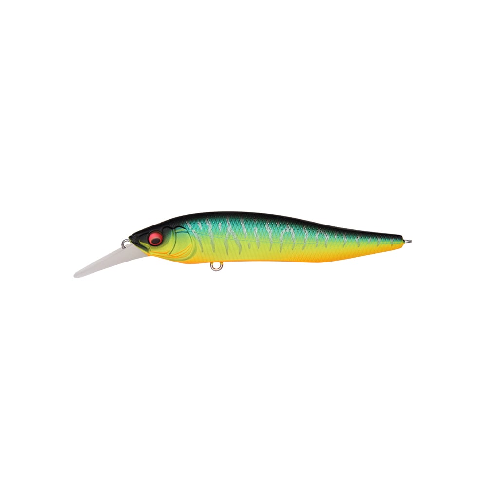 The Megabass X-Nanahan+1 Jerkbait by Megabass features a vibrant green, yellow, and black body with red eyes and a clear plastic diving lip, shown against a white background.
