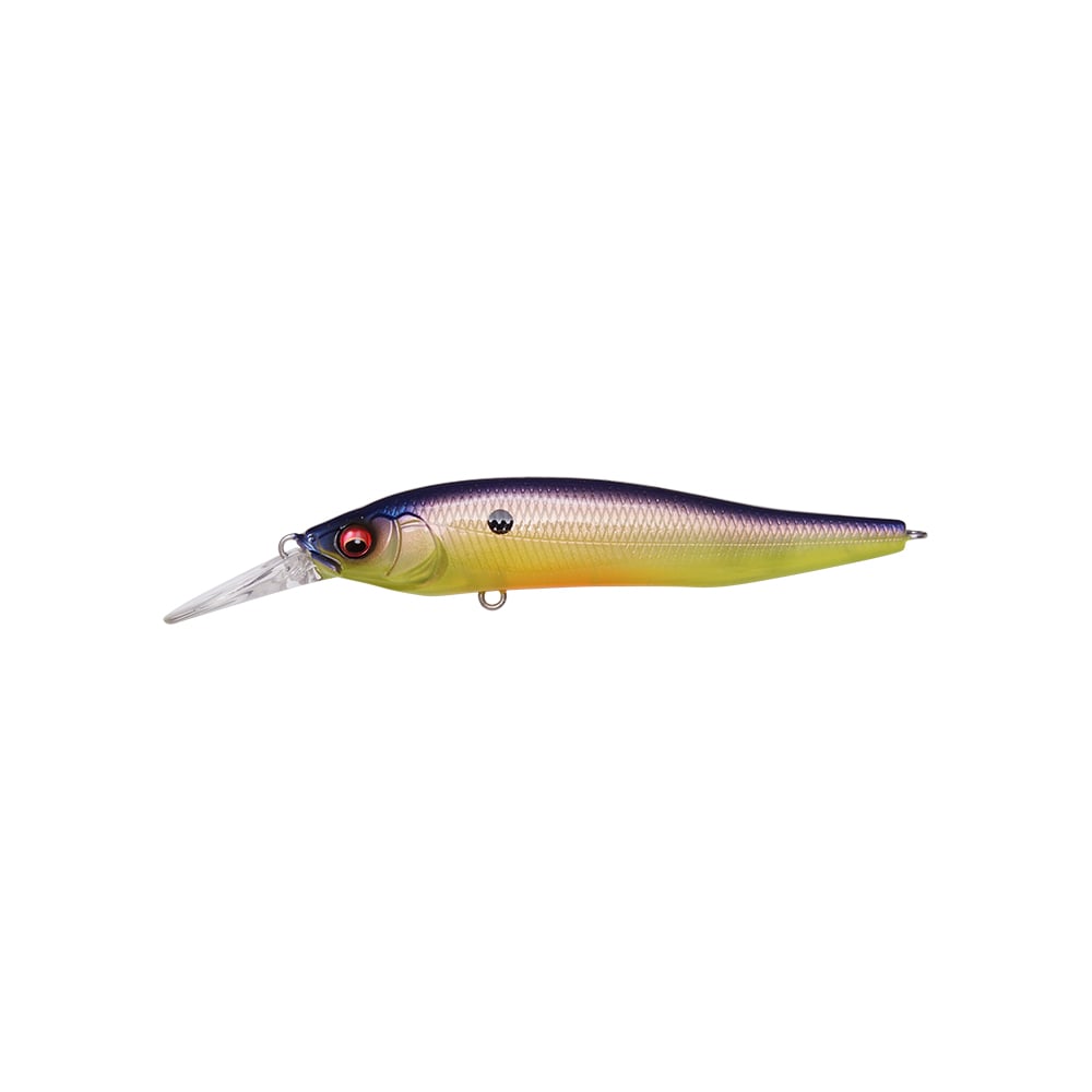 A finesse jerkbait with a long, clear bill, shiny purple-yellow body, red-black eye, and two metal rings—just like the Megabass X-Nanahan+1 Jerkbait from Megabass for long-distance castability.