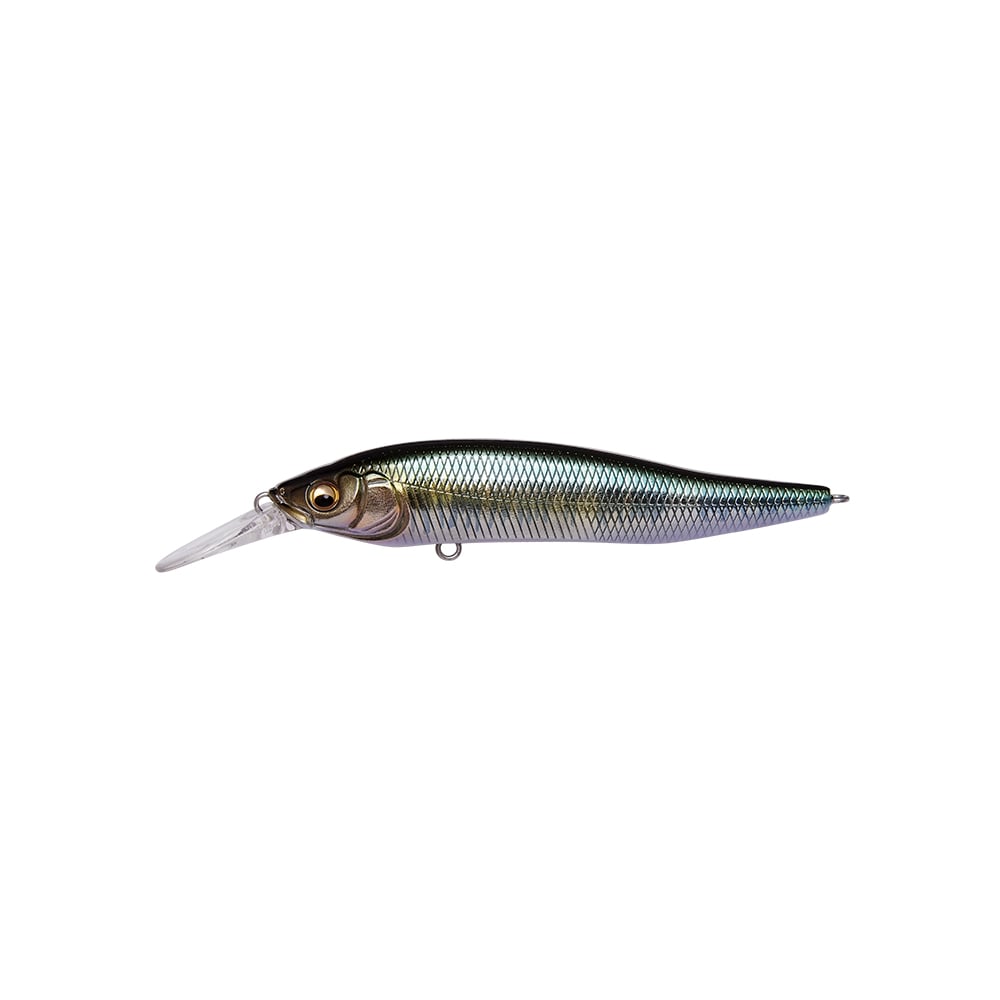 The Megabass X-Nanahan+1 Jerkbait is a realistic, fish-shaped lure with metallic scales, a gold and black eye, and a clear diving lip—engineered for long-distance casts—by Megabass, shown against a white background.