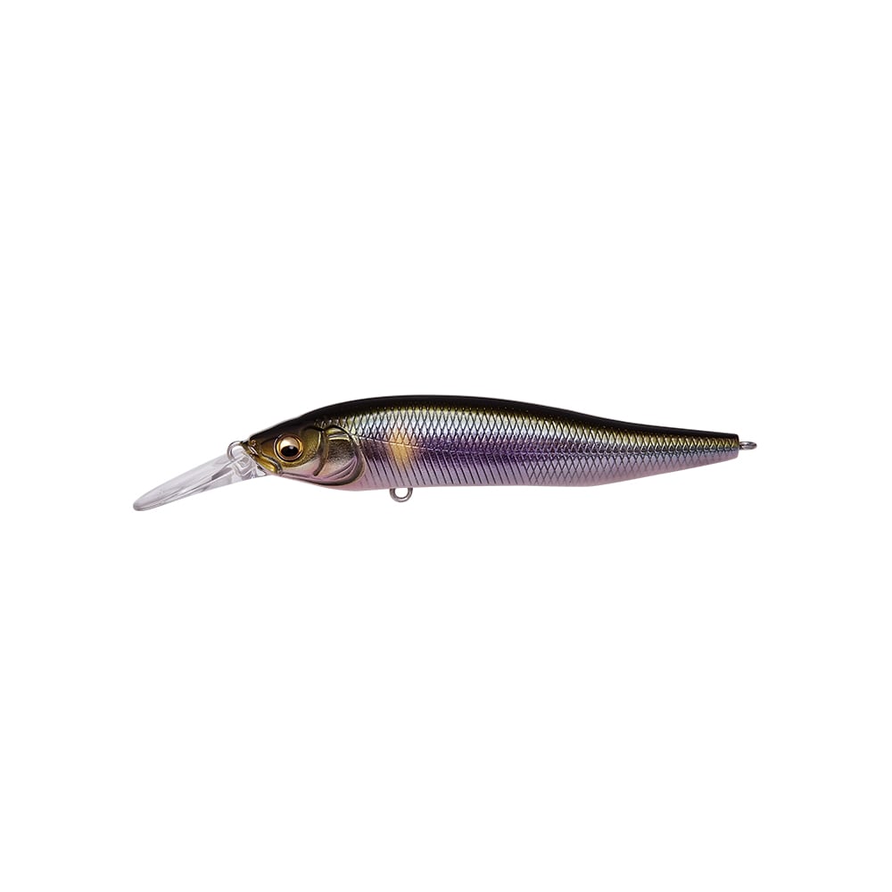 The Megabass X-Nanahan+1 Jerkbait by Megabass features a realistic fish shape, metallic iridescent body, large eye, and long clear lip for deep diving—ideal as a finesse jerkbait with impressive long-distance casting.