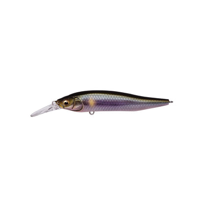 The Megabass X-Nanahan+1 Jerkbait by Megabass features a realistic fish shape, metallic iridescent body, large eye, and long clear lip for deep diving—ideal as a finesse jerkbait with impressive long-distance casting.