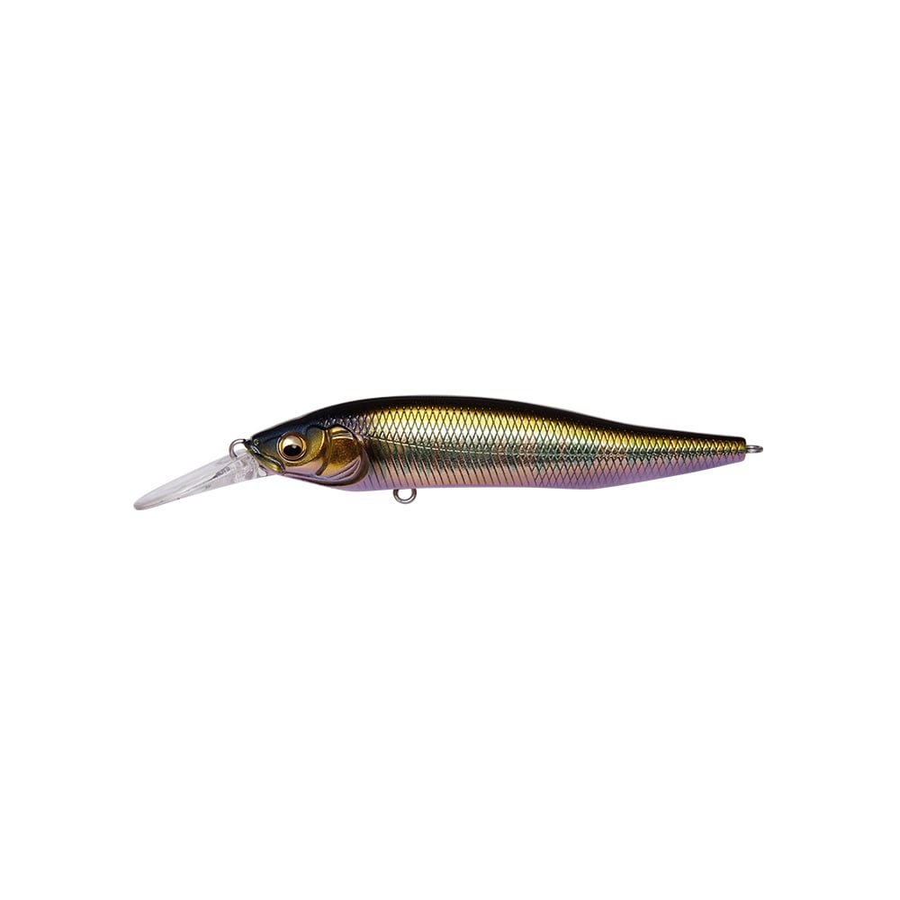 The Megabass X-Nanahan+1 Jerkbait by Megabass is a realistic, metallic-colored lure with a long clear lip for long-distance casts, featuring a small fish shape and gold, black, and purple gradient hues.