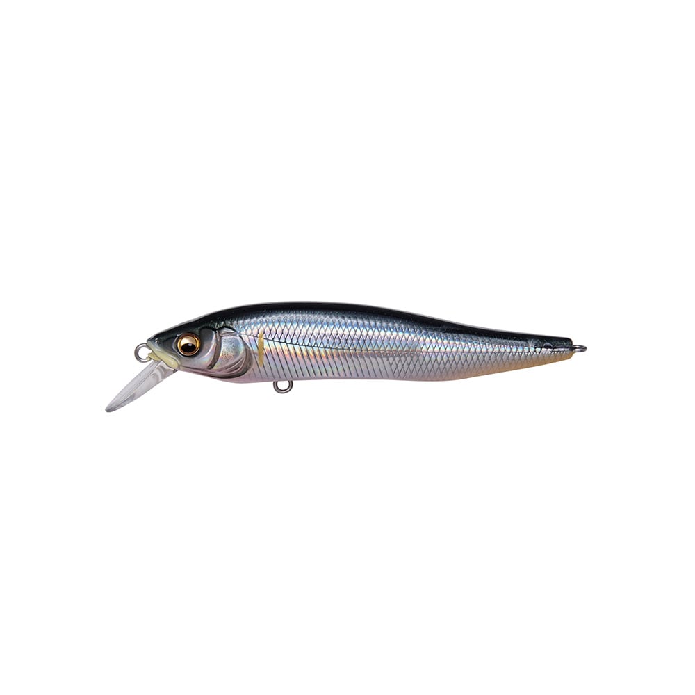 Designed by Shinji Sato, the Megabass X-Nanahan Jerkbait is a lifelike lure with a metallic and iridescent fish-shaped body. Featuring a plastic diving lip and realistic eyes, it's perfect for mimicking baitfish.