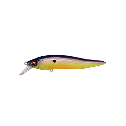 The Megabass X-Nanahan Jerkbait, designed by Shinji Sato, shines with a metallic finish featuring a blue and purple top, yellow bottom, and vibrant red eye. It includes a sharp clear plastic lip for optimal deep diving.