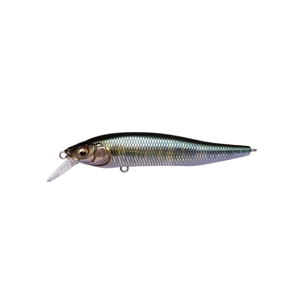 The Megabass X-Nanahan Jerkbait features a realistic, metallic fish design with detailed scales, a translucent lip, and two hooks underneath. It's primarily silver with touches of green and pink.