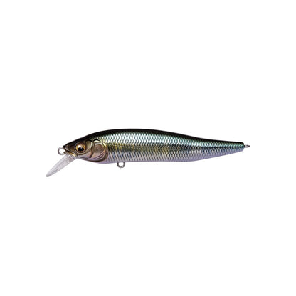 The Megabass X-Nanahan Jerkbait features a realistic, metallic fish design with detailed scales, a translucent lip, and two hooks underneath. It's primarily silver with touches of green and pink.