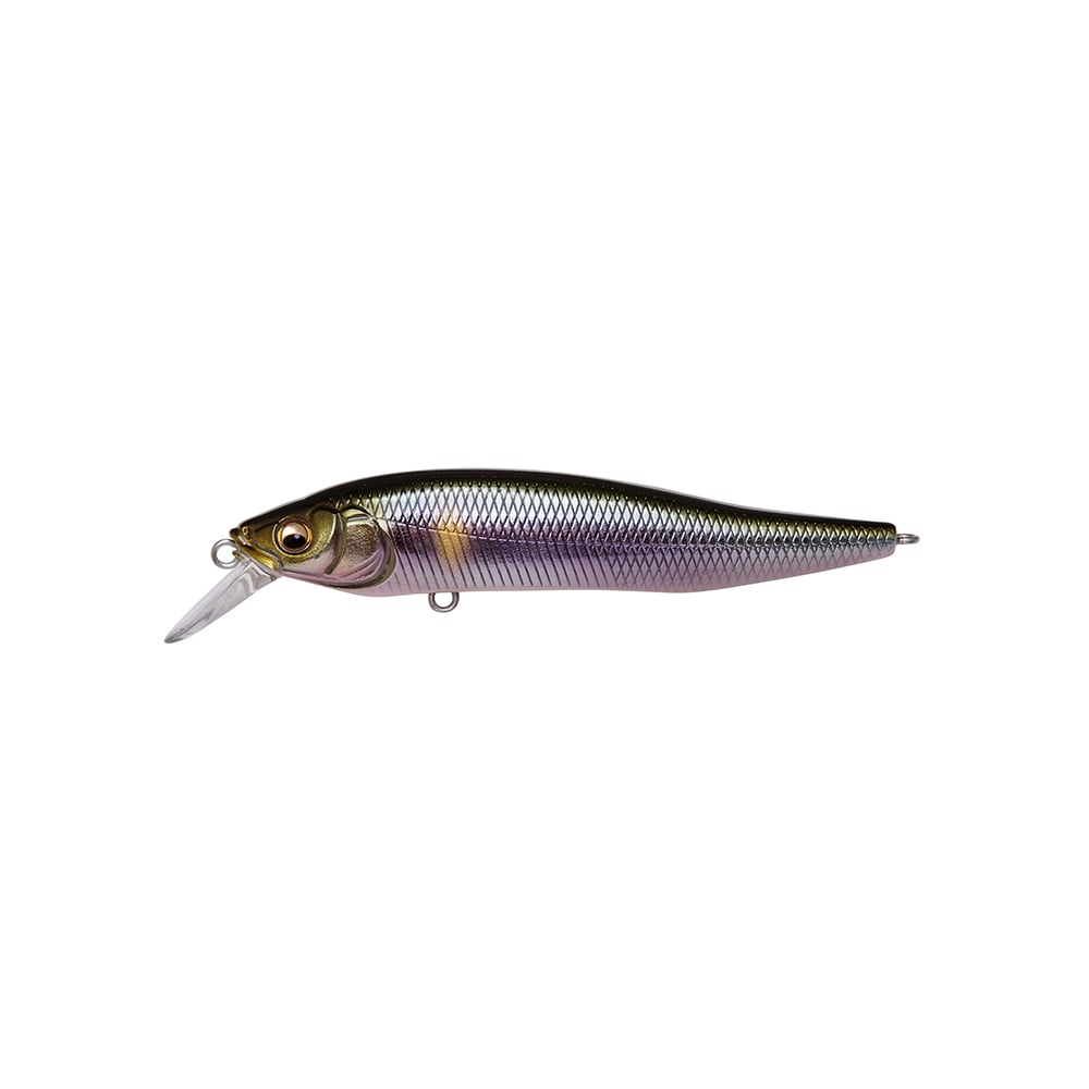 The Megabass X-Nanahan Jerkbait by Shinji Sato features a shiny, metallic finish with realistic fish details like scales and a small fin. It includes a transparent plastic lip for dynamic diving in water.