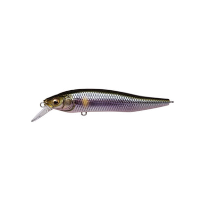 The Megabass X-Nanahan Jerkbait by Shinji Sato features a shiny, metallic finish with realistic fish details like scales and a small fin. It includes a transparent plastic lip for dynamic diving in water.