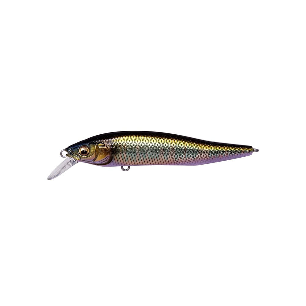 The Megabass X-Nanahan Jerkbait, from the brand Megabass, mimics a small fish with a metallic yellow and purple finish. It features a transparent diving lip for realism and has two metal hook loops for an assured catch.
