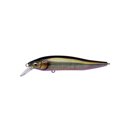 The Megabass X-Nanahan Jerkbait, from the brand Megabass, mimics a small fish with a metallic yellow and purple finish. It features a transparent diving lip for realism and has two metal hook loops for an assured catch.