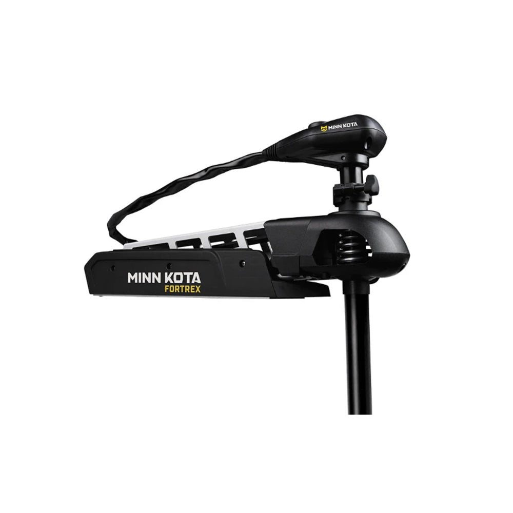 Close-up of the Minn Kota Fortrex Trolling Motor in black, showing its motor head, mount, and shaft with 112 lbs of thrust. The Minn Kota brand name and model are clearly visible against a white background.