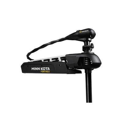 Close-up of the Minn Kota Fortrex Trolling Motor in black, showing its motor head, mount, and shaft with 112 lbs of thrust. The Minn Kota brand name and model are clearly visible against a white background.