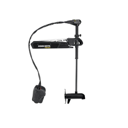 The Minn Kota Fortrex Trolling Motor by Minn Kota is shown in black with a long shaft, a propeller at the bottom, motor head at the top, and a foot pedal connected by cable. It provides up to 112 lbs of thrust and is displayed on a white background.