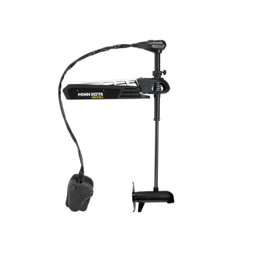 The Minn Kota Fortrex Trolling Motor by Minn Kota is shown in black with a long shaft, a propeller at the bottom, motor head at the top, and a foot pedal connected by cable. It provides up to 112 lbs of thrust and is displayed on a white background.