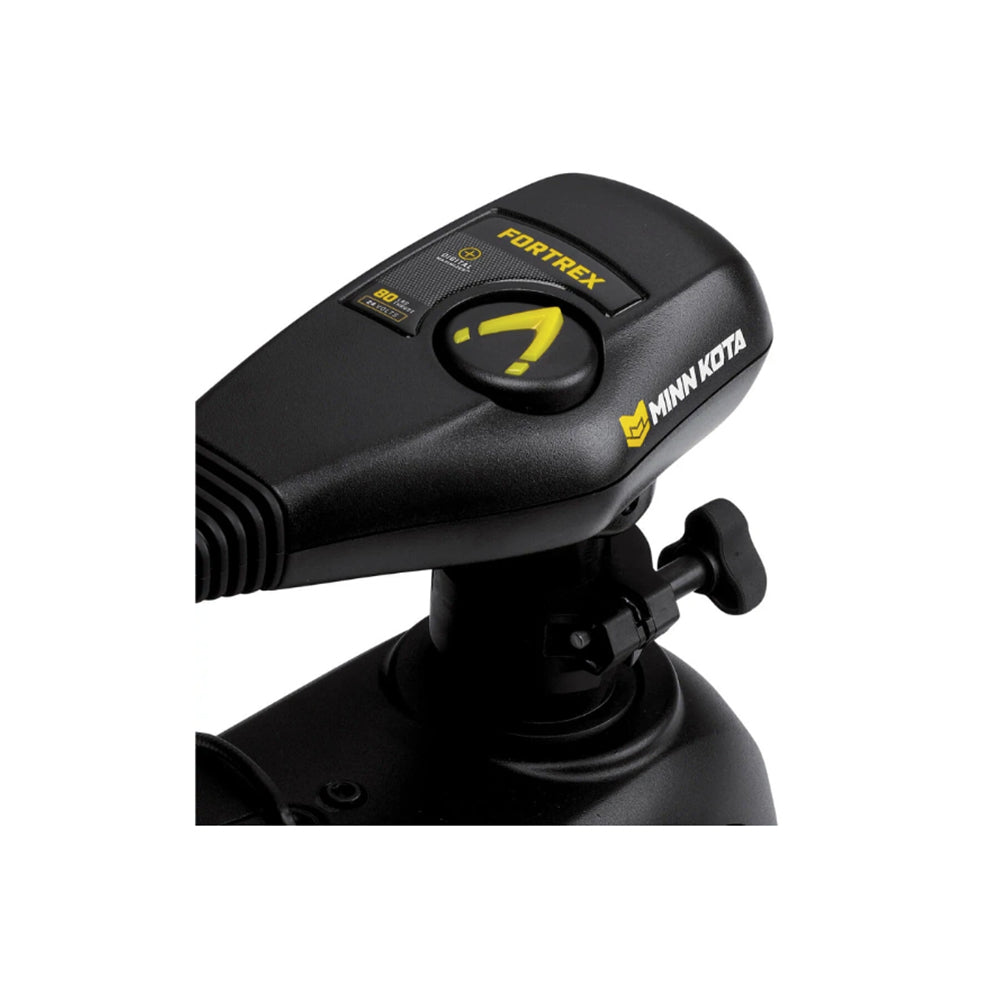 Close-up of the Minn Kota Fortrex Trolling Motor control head, showcasing Minn Kota branding, a power dial, and yellow arrow indicator—designed for accuracy and dependable operation with up to 112 lbs of thrust.