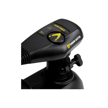 Close-up of the Minn Kota Fortrex Trolling Motor control head, showcasing Minn Kota branding, a power dial, and yellow arrow indicator—designed for accuracy and dependable operation with up to 112 lbs of thrust.
