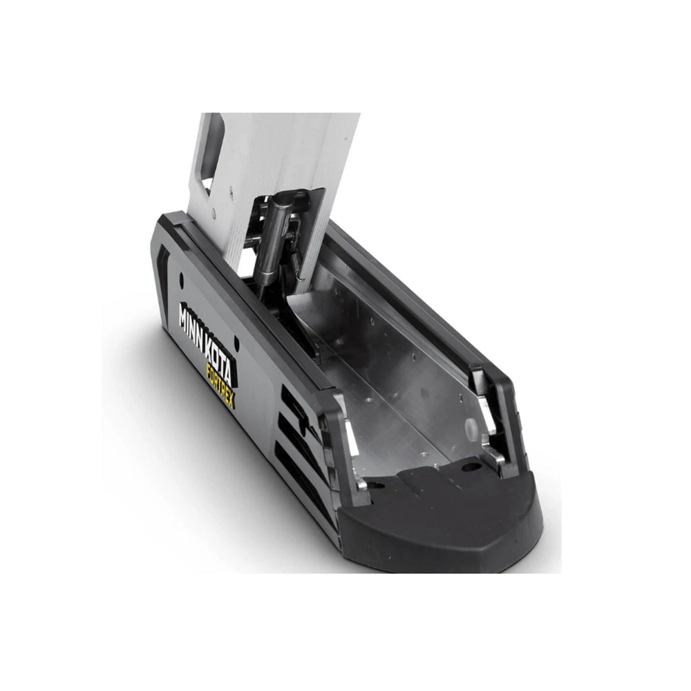 Close-up of a Minn Kota Fortrex Trolling Motor mount in black and silver, showcasing detailed structure and components—ideal for anglers seeking powerful 112-pound thrust performance from their trolling motor setup.