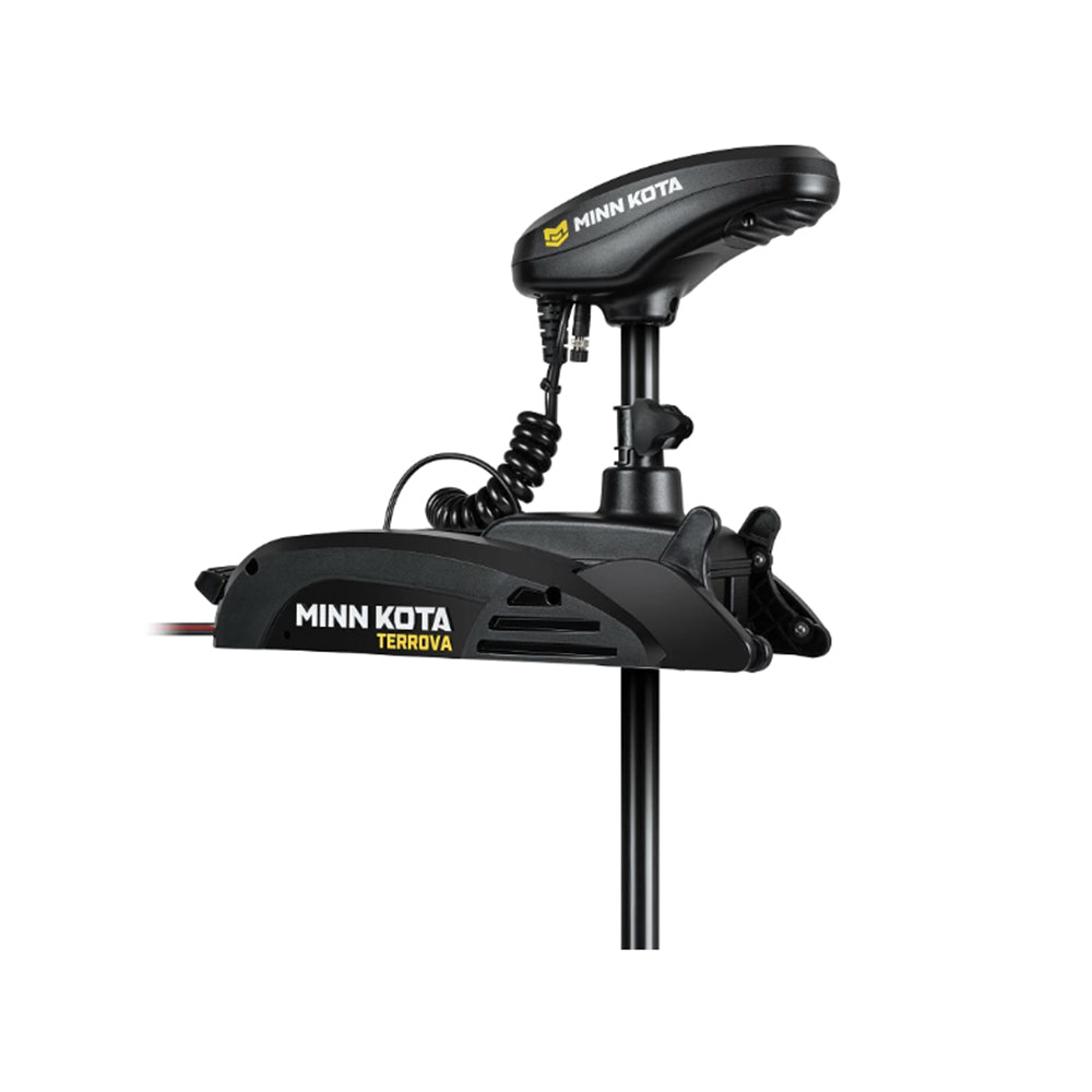 The Minn Kota Terrova Trolling Motor by Minn Kota is shown in black with a coiled cable, mount, and control head on a white background, featuring Spot-Lock for precise GPS trolling system control.