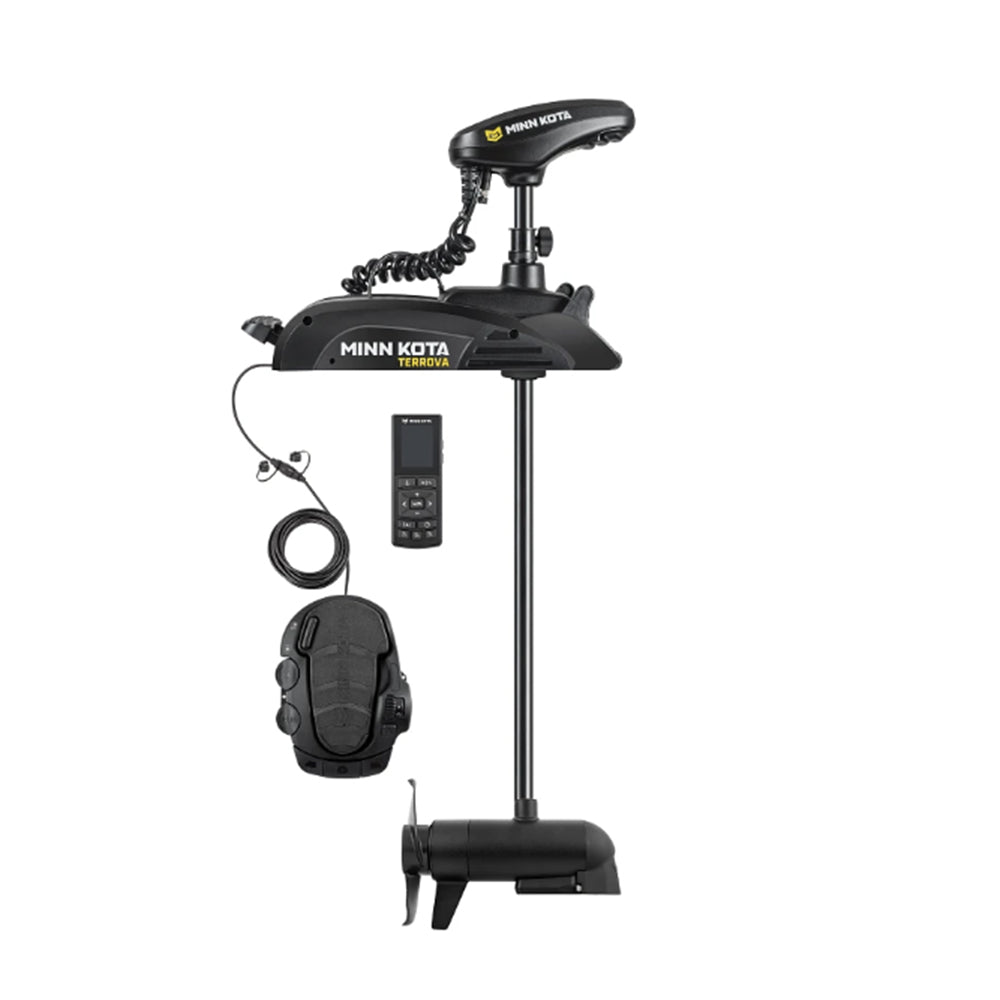 A Minn Kota Terrova Trolling Motor by Minn Kota, featuring GPS trolling system, remote control, foot pedal, and coiled cable in black, is shown against a plain white background.