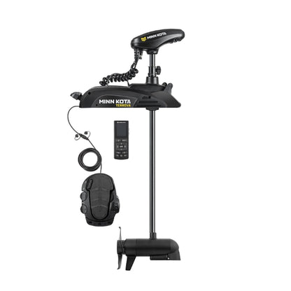 A Minn Kota Terrova Trolling Motor by Minn Kota, featuring GPS trolling system, remote control, foot pedal, and coiled cable in black, is shown against a plain white background.